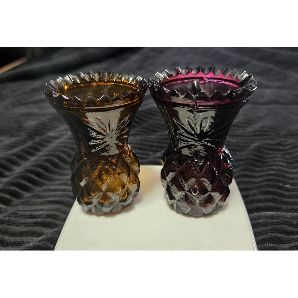 Lot Of 2 Glass Toothpick Holder Mini Vase Vintage amber & purple Pineapple